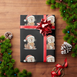 Papel De Presente Lontra Fofa de Natal Comendo Pizza Gorro de Natal