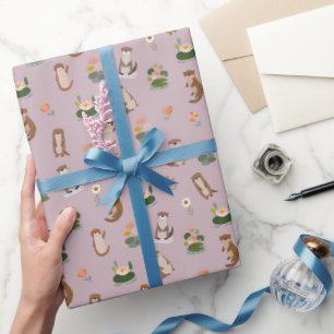 Papel De Presente Lontras e Folhas de Nenúfar em Cinza-Rosa Pastel