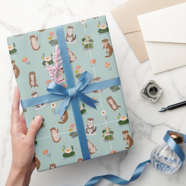 Papel De Presente Lontras e Folhas de Nenúfar em Verde Pistácio (Presentear)