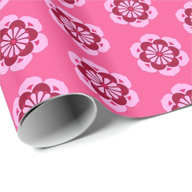 Papel De Presente Lotus Flower Mandala, Fuchsia Pink e Burgundy (Ponta do rolo)
