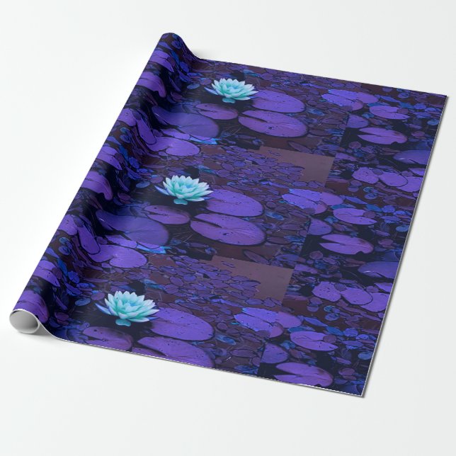 Papel De Presente Lotus Flower Purple Blue Turquoise Floral Pond Zen (Desenrolado)