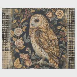 Papel De Presente Lovely Owl in the Flowers Garden ,Gold Checkered 
