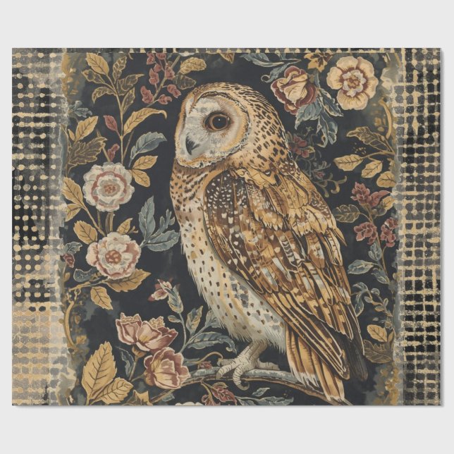 Papel De Presente Lovely Owl in the Flowers Garden ,Gold Checkered  (Aberto)
