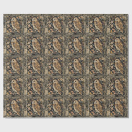 Papel De Presente Lovely Owl in the Flowers Garden ,Gold Checkered