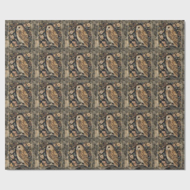 Papel De Presente Lovely Owl in the Flowers Garden ,Gold Checkered (Aberto)