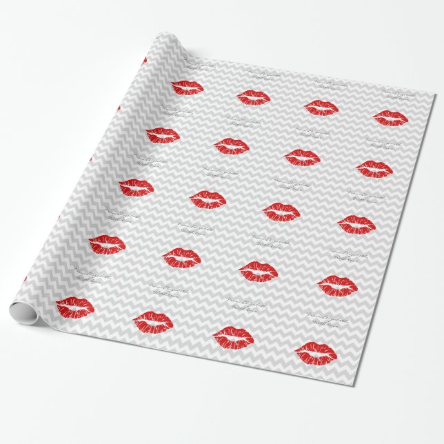 Papel De Presente Lt Cinza White Chevron, Red Lipstick Kiss (Desenrolado)