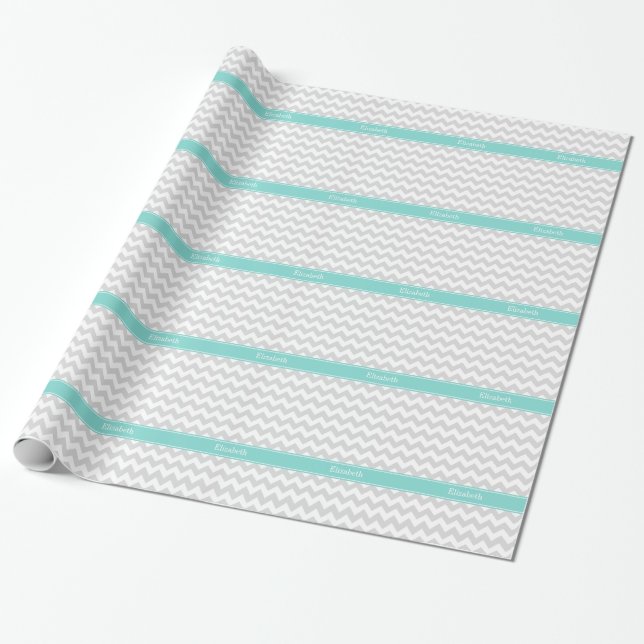 Papel De Presente Lt Cinza Wht Chevron Aqua Turquoise Nome Monograma (Desenrolado)