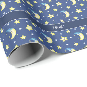 Papel De Presente Lua branca e estrelas Chá de fraldas azul padrão