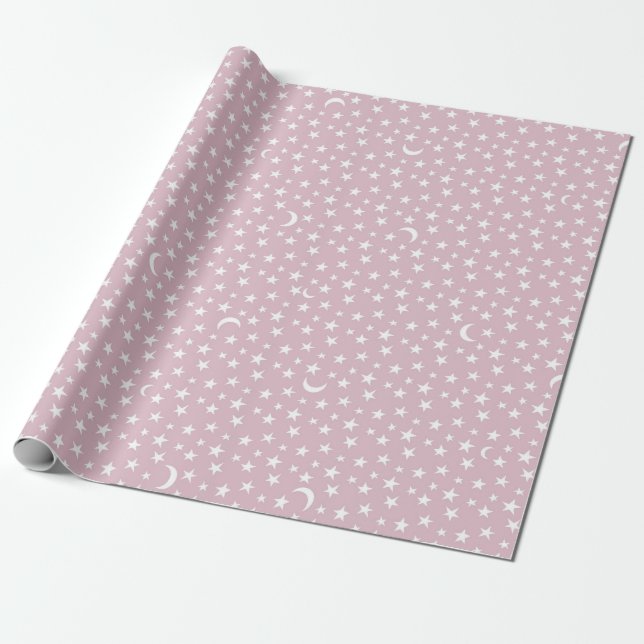 Papel De Presente Lua branca e estrelas com fundo rosa (Desenrolado)