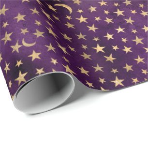Papel De Presente Lua Celestial Dourada E Estrelas Roxo Escuro