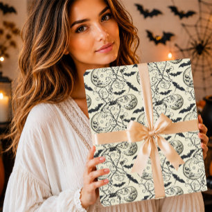 Papel De Presente Lua Creme Gótica Assustadora Vintage Morcego