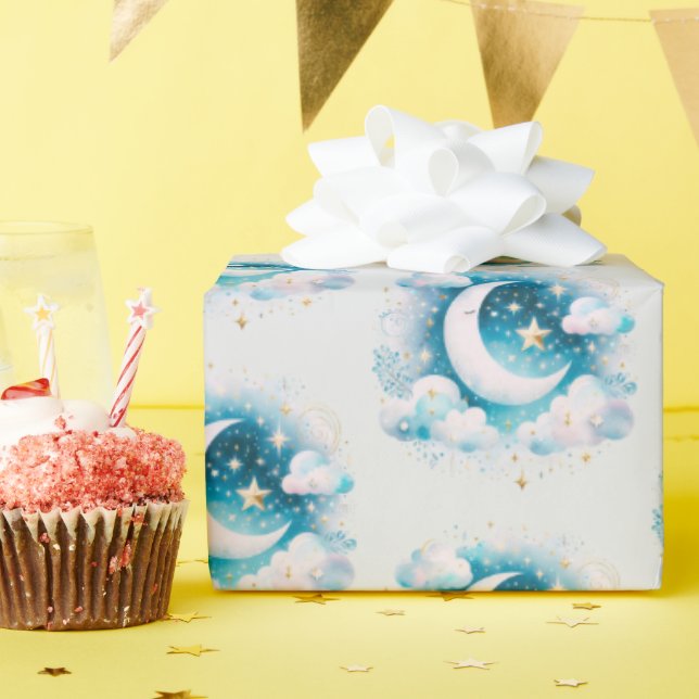Papel De Presente Lua Crescente Azul e Branco Boho Moderno (Festa de aniversário)