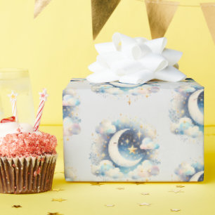 Papel De Presente Lua Crescente Azul e Branco Celestial Boho Moderno