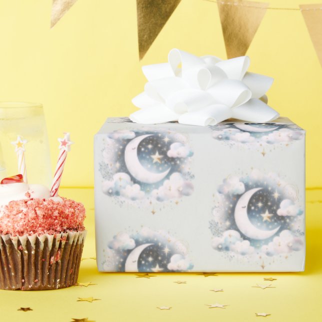 Papel De Presente Lua Crescente Azul e Branco Celestial Boho Moderno (Festa de aniversário)