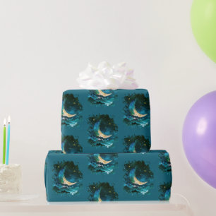 Papel De Presente Lua Crescente Estrelas Azul Celestial Halloween