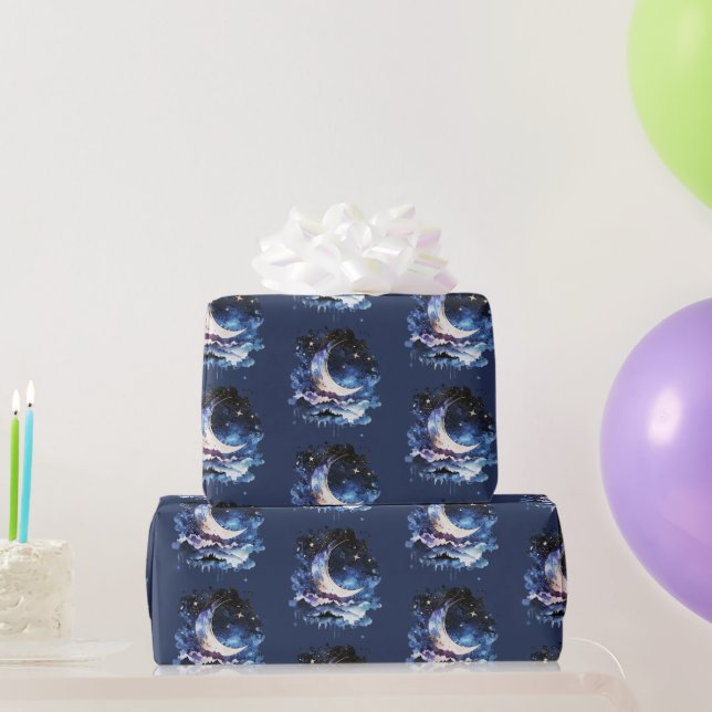 Papel De Presente Lua Crescente Estrelas Azul Celestial Halloween (Presentes para festas)