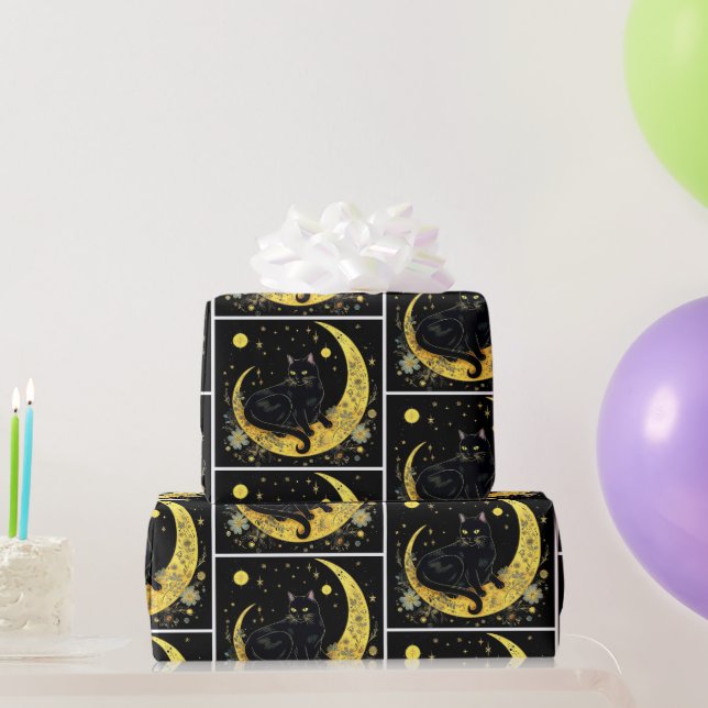 Papel De Presente Lua Crescente Floral Gato Preto Branco Halloween (Presentes para festas)