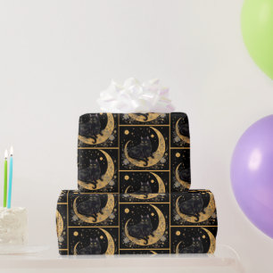 Papel De Presente Lua Crescente Floral Gato Preto Dourado Halloween