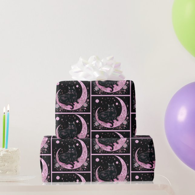 Papel De Presente Lua Crescente Floral Gato Preto Rosa Halloween (Presentes para festas)