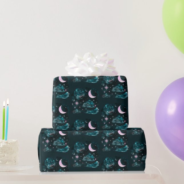 Papel De Presente Lua Crescente Rosa Estrelas Azul Celestial Hallowe (Presentes para festas)