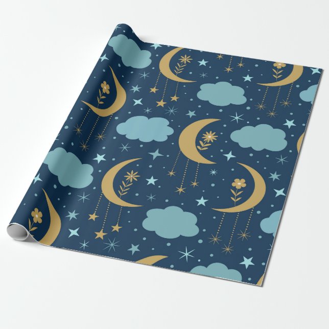 Papel De Presente Lua Dourada Com Flores e Nuvens  (Desenrolado)