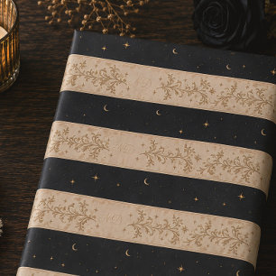 Papel De Presente Lua Estrelas Celestiais Preto Dourado Solstício de