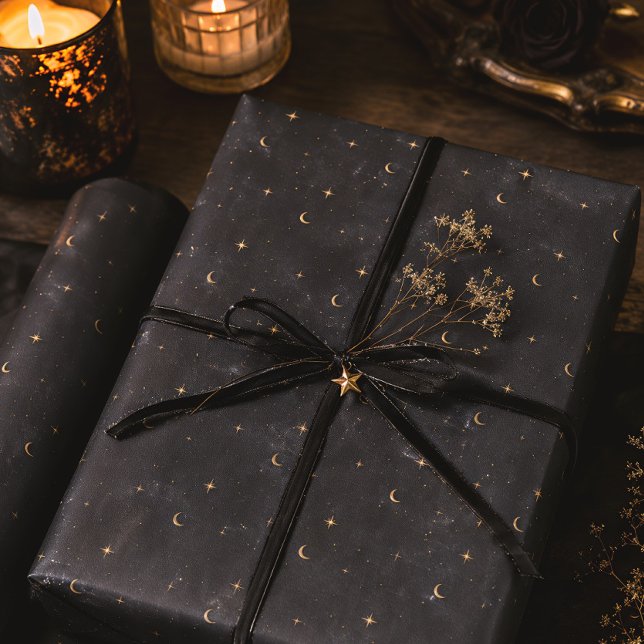 Papel De Presente Lua Estrelas Celestiais Preto Dourado Solstício de (Criador carregado)