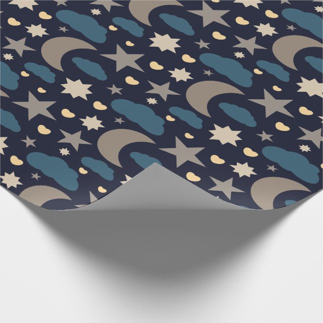 Papel de Presente Lua Estrelas e Nuvens Azul Marin (Ponta)