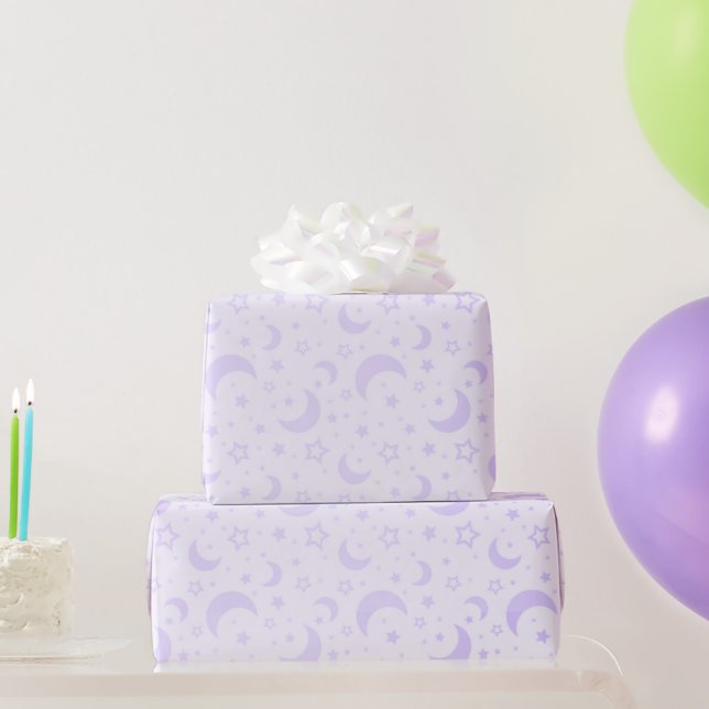 Papel De Presente Luas Crescentes Roxas Pastel e Estrelas de Hallowe (Presentes para festas)