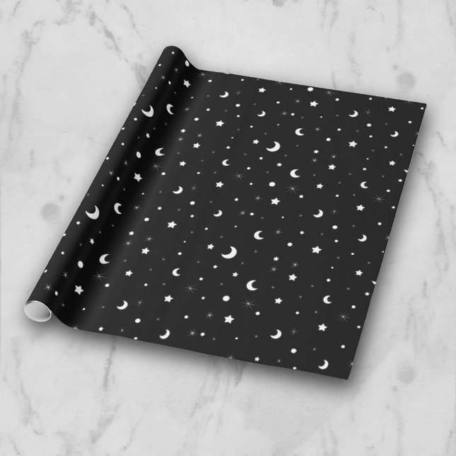 Papel De Presente Luas e estrelas brancas e pretas (Criador carregado)