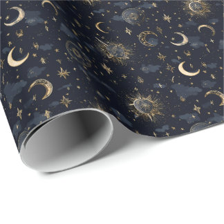 Papel De Presente Luas e Estrelas Celestiais Papel Dourado/Marinho