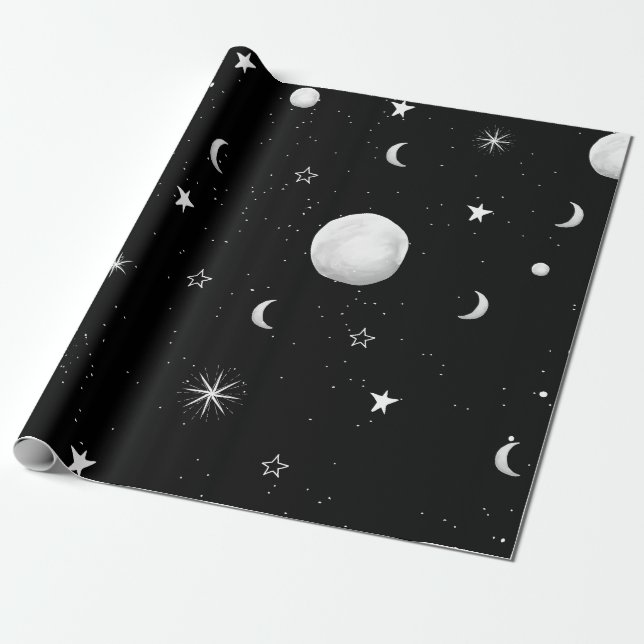 Papel De Presente Luas e Estrelas Negras e Brancas (Desenrolado)