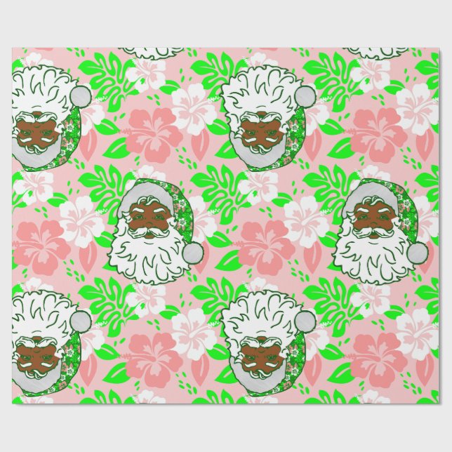 Papel De Presente luau pink christmas hawaiian black santa hibiscus (Aberto)
