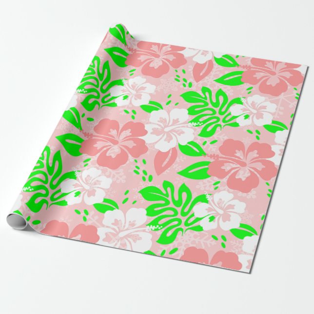 Papel De Presente luau pink christmas hawaiian hibiscus floral xmas (Desenrolado)