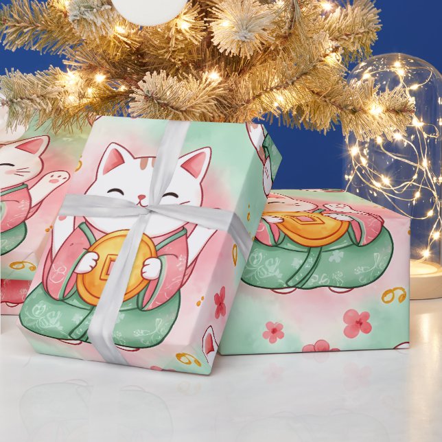 Papel De Presente Lucky Charm Cats – Prosperity in Pastel Pattern (Feriados)