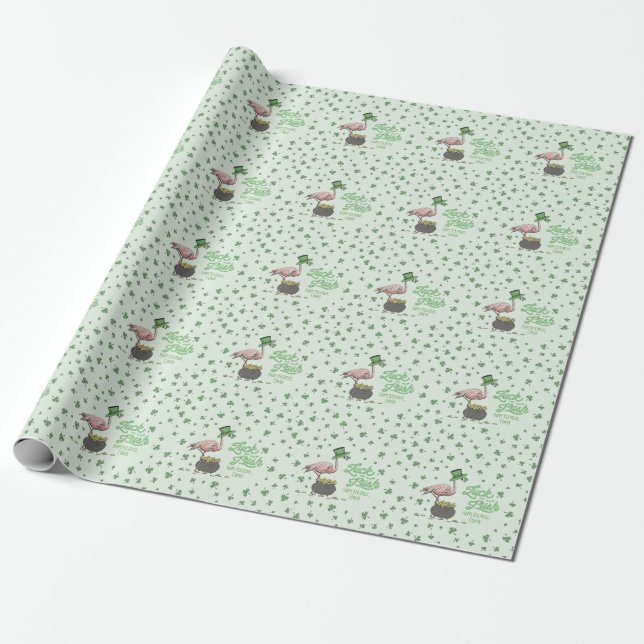 Papel De Presente Lucky Flamingo Green Shamrock (Desenrolado)