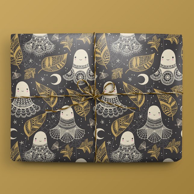Papel De Presente Lugar dos Fantasmas do Bom Halloween - Dourado (Gift Mockup)
