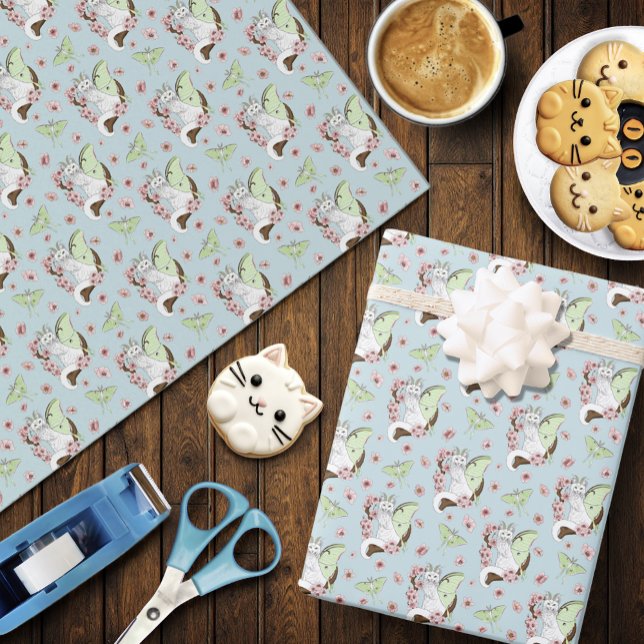 Papel De Presente Luna Moth Moon White Cat Green (Criador carregado)