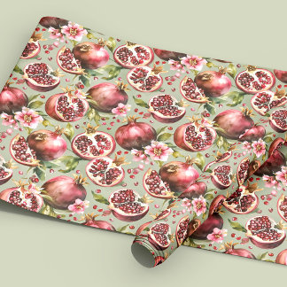 Papel De Presente Lush Pomegranate Fruit and Flowers Pattern