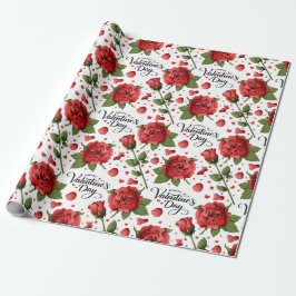 Papel De Presente Lush Red Roses with Scattered Heart Petals Pattern