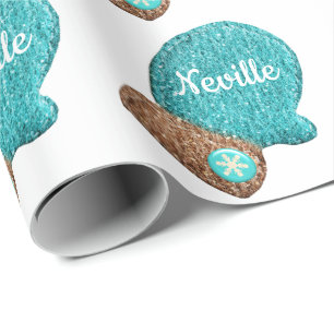 Papel De Presente Luva de inverno fofa floco de neve azul marrom de 