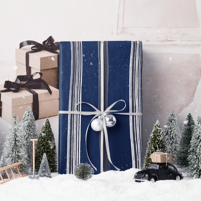Papel De Presente Lux Christmas White Stripes on Blue Wrappaper (Wrap your gifts in style with Lux Christmas White Stripes on Blue, adding charm to every present!)