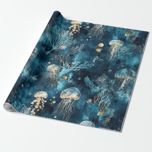 Papel De Presente Lux Oceano Água-viva & Coral Padrão Dourado (2)