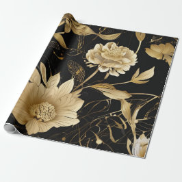 Papel De Presente Luxe Blooms: Elegância Preta e Dourada