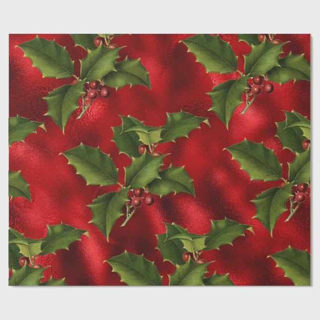 Papel De Presente Luxe Red Faux Foil, Green Holly, Red Berries (Aberto)