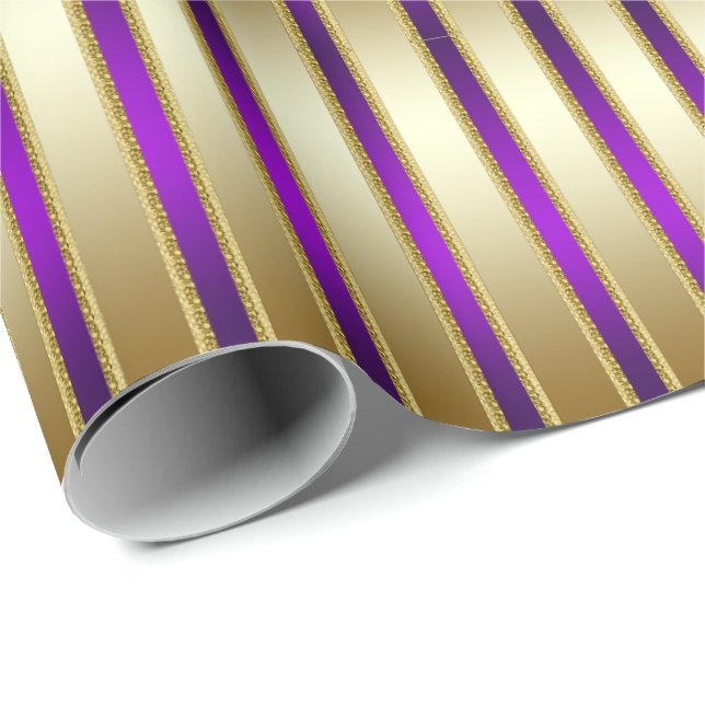 Papel De Presente Luxe Shiny Dourado e Royal Purple Stripes (Ponta do rolo)