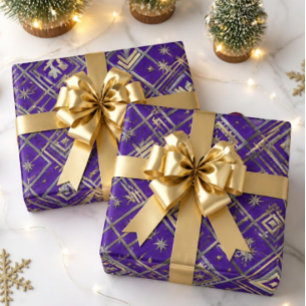 Papel De Presente Luxo Art Deco Roxo Natal Ouro e Prata