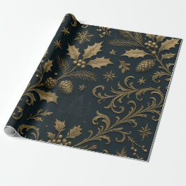 Papel De Presente Luxo Dourado & Natal Botânico Gildado Azul-Marinho