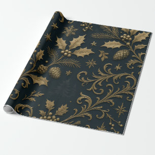 Papel De Presente Luxo Dourado & Natal Botânico Gildado Azul-Marinho