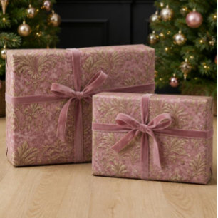 Papel De Presente Luxo em Rosa Po dusty Veludo & Damasco de Natal em